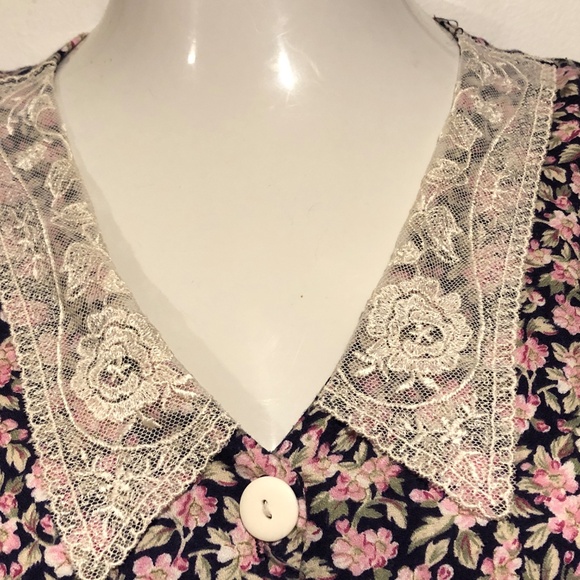 VTG 90s Calico Floral Gauchos Wide Leg Culottes Lace Collar Cottagecore Jumpsuit - Picture 6 of 8